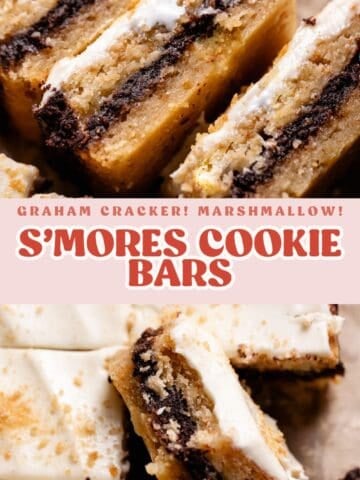 Smores cookie bar pinterest pin with text overlay.