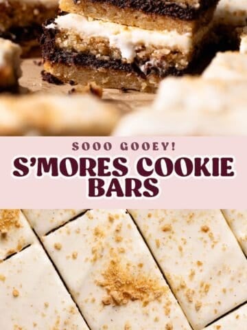 Smores cookie bar pinterest pin with text overlay.