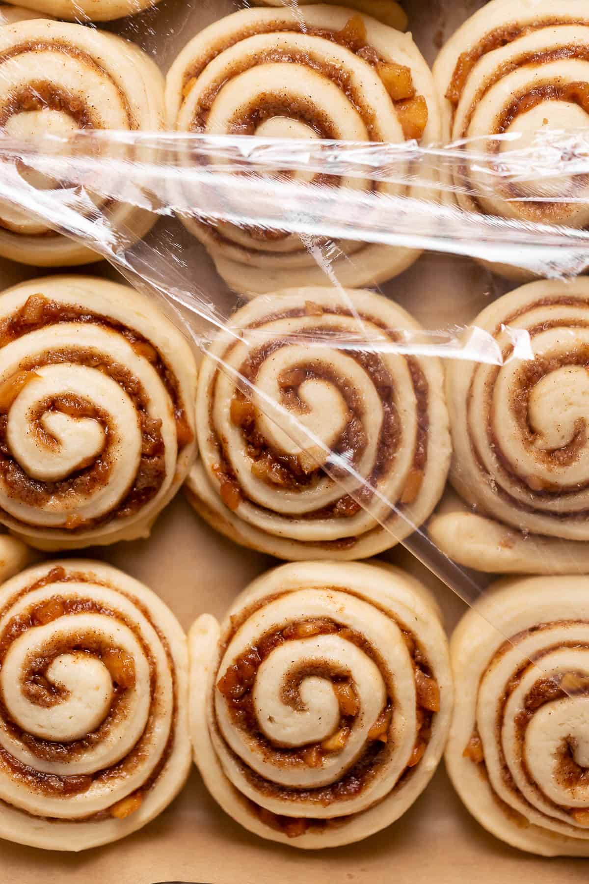 Apple rolls in a pan showing they have doubled in size.