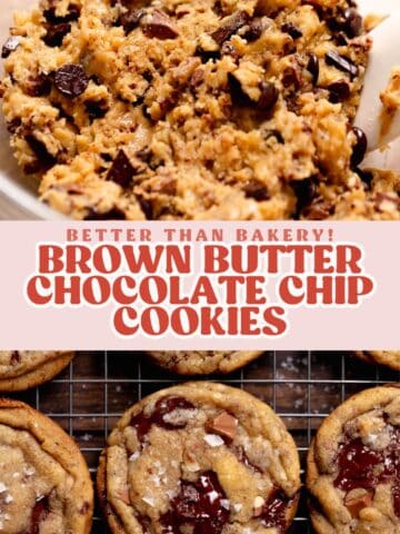 Brown butter chocolate chip cookie pinterest pin with text overlay.