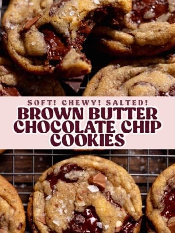 Brown butter chocolate chip cookie pinterest pin with text overlay.