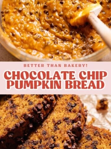 Chocolate chip pumpkin loaf pinterest pin with text overlay.
