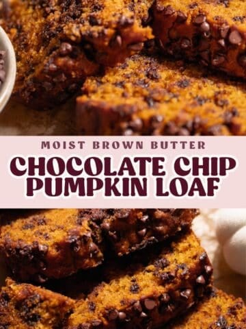 Chocolate chip pumpkin loaf pinterest pin with text overlay.