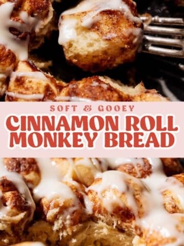 Cinnamon roll monkey bread skillet pinterest pin with text overlay.
