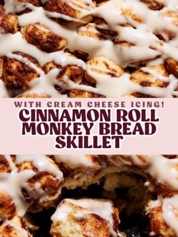 Cinnamon roll monkey bread skillet pinterest pin with text overlay.