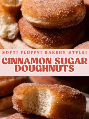 Cinnamon sugar donut pinterest pin with text overlay.