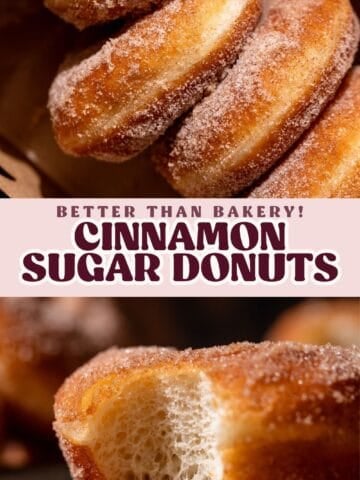 Cinnamon sugar donut pinterest pin with text overlay.