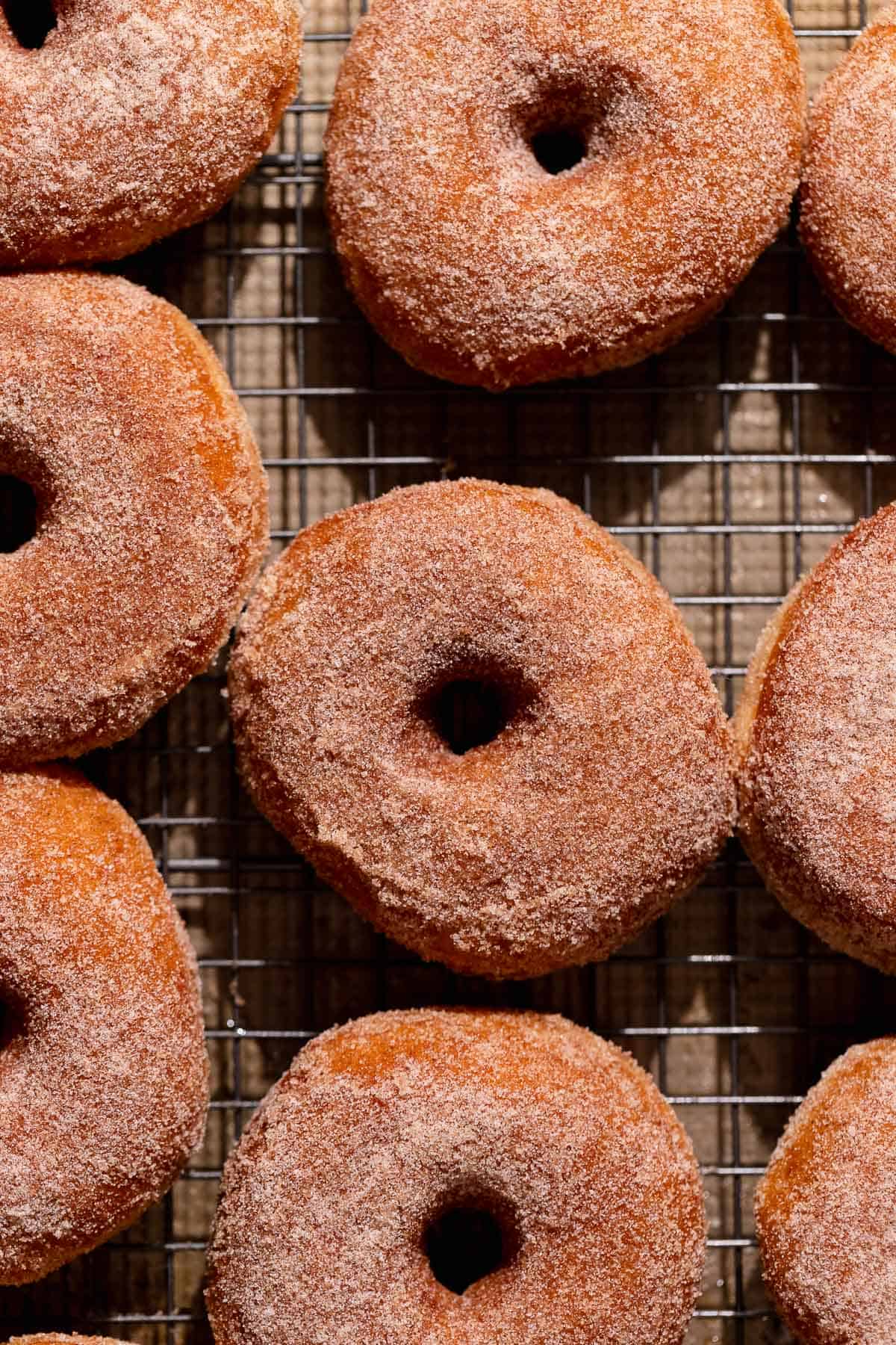 Fried cinnamon sugar donuts covered in cinnamon sugar on a wire rack.