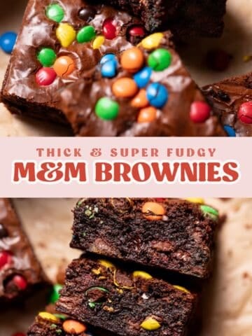 M&M brownies pinterest pin with text overlay.