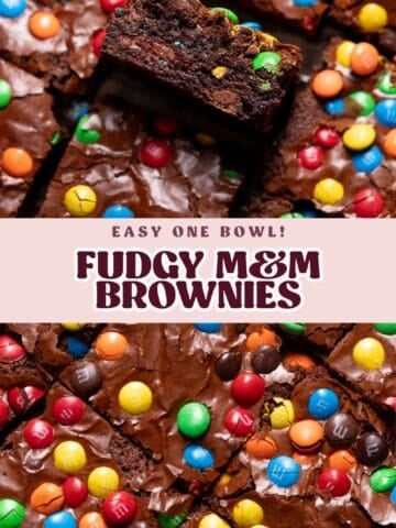 M&M brownies pinterest pin with text overlay.