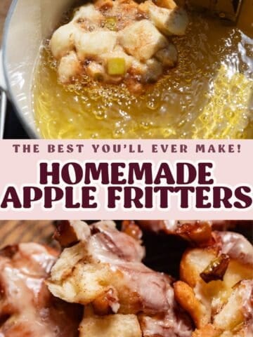 Apple fritter Pinterest pin with text overlay.