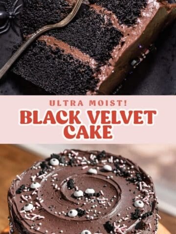 Black velvet chocolate cake pinterest pin with text overlay.