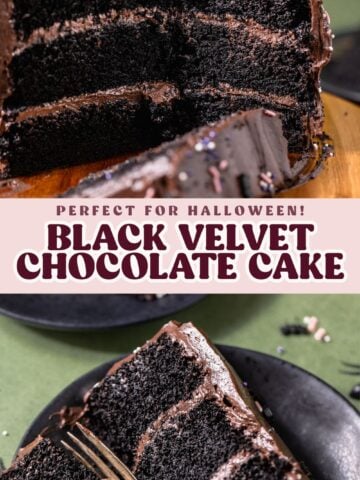 Black velvet chocolate cake pinterest pin with text overlay.
