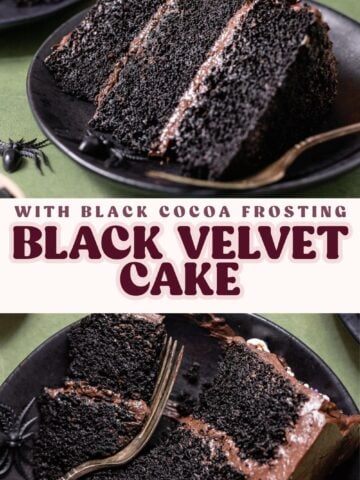Black velvet chocolate cake pinterest pin with text overlay.