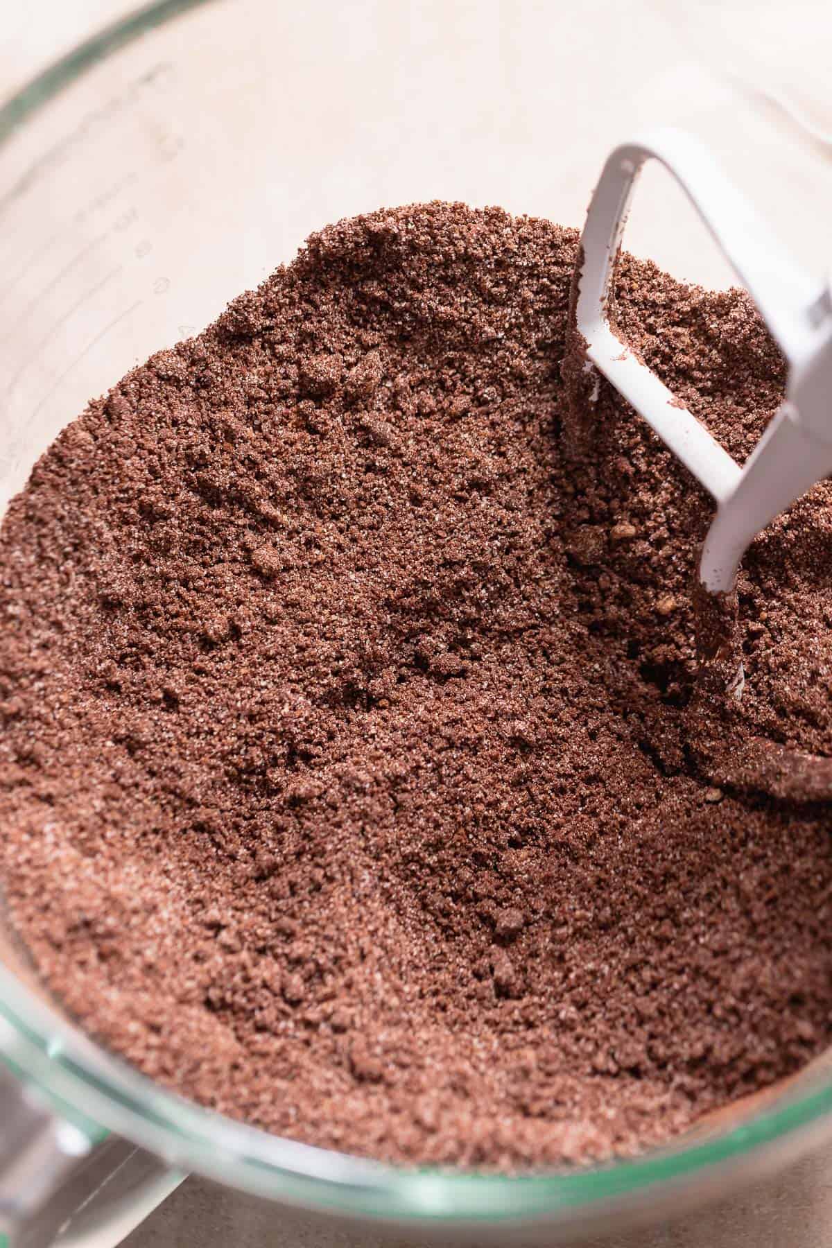 Dry ingredients mixed with butter until sandy and crumbly.