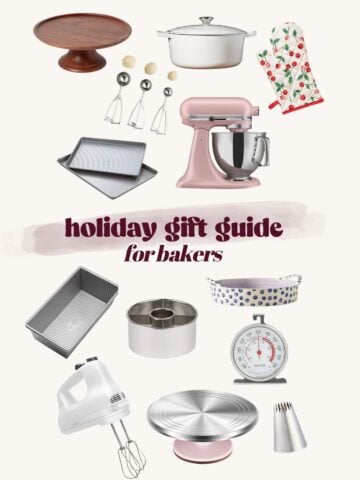 Decorative baking tools and accessories for bakers' holiday gift guide, including mixers, baking pans, and utensils.