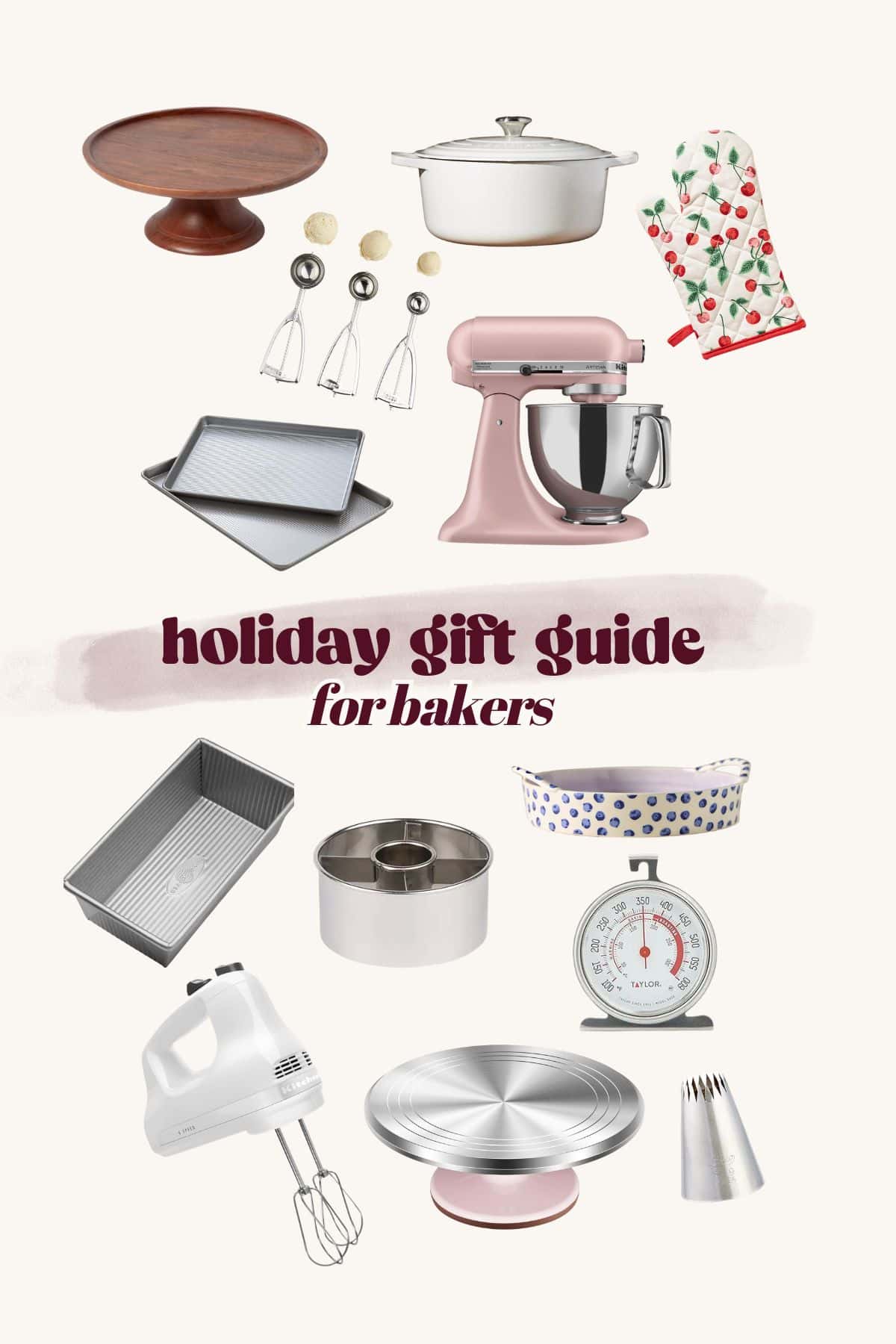Decorative baking tools and accessories for bakers' holiday gift guide, including mixers, baking pans, and utensils.
