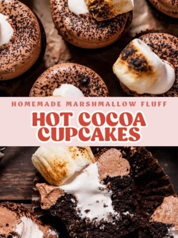Hot cocoa cupcake pinterest pin with text overlay.
