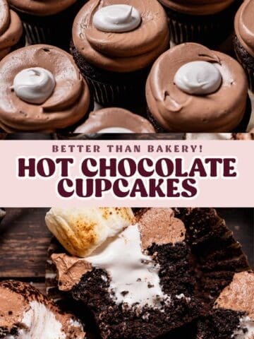 Hot cocoa cupcake pinterest pin with text overlay.