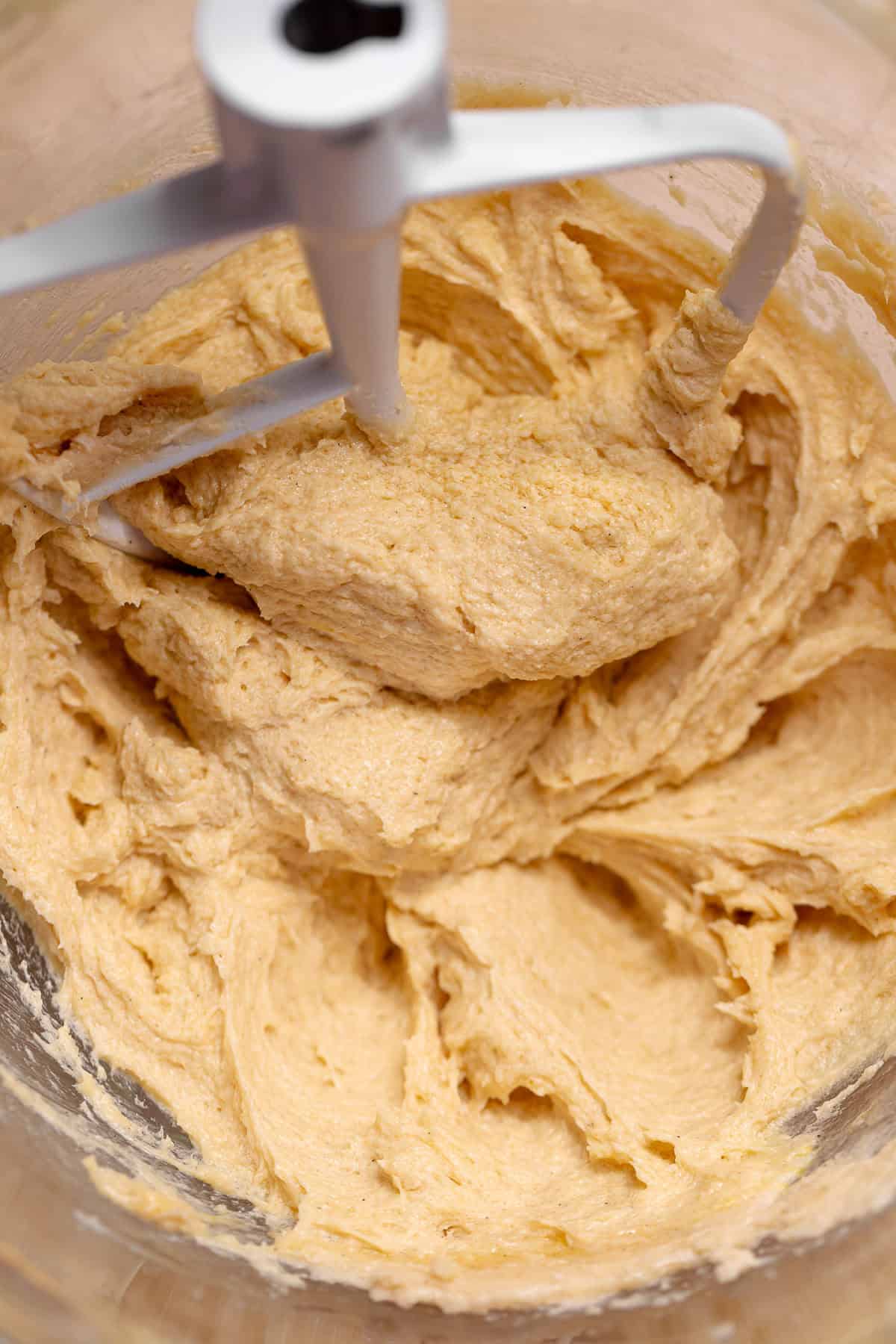 Creamed butter, sugar, and eggs in a stand mixer bowl
