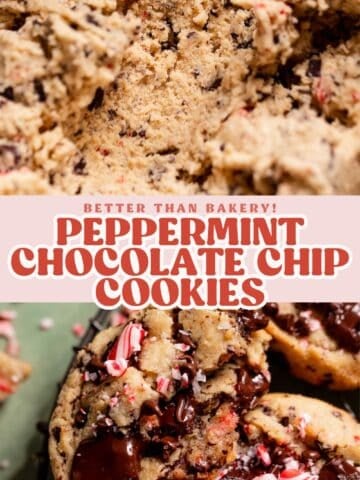 Peppermint chocolate chip cookie dough and baked cookies with melted chocolate and crushed candy canes in a Pinterest collage.