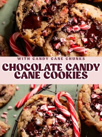 Collage of chocolate candy cane cookies with melted chocolate and crushed peppermint pieces.