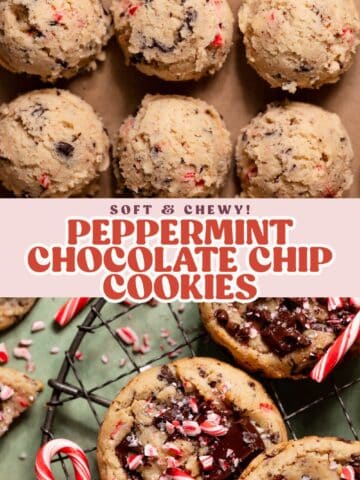 Peppermint chocolate chip cookie dough balls and baked cookies with crushed candy canes in a vertical Pinterest pin.