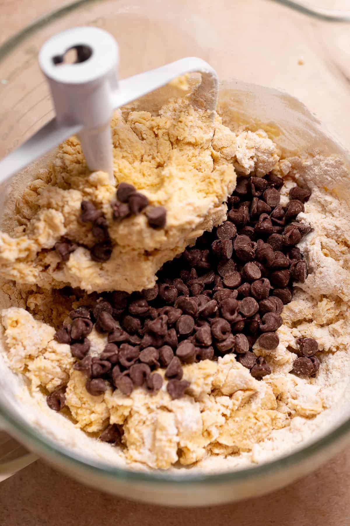 Snickerdoodle cookie dough in a mixing bowl with chocolate chips just before mixing.