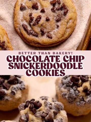 Chocolate chip snickerdoodle pinterest pin graphic with text overlay.