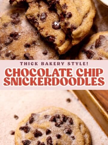 Chocolate chip snickerdoodle pinterest pin graphic with text overlay.