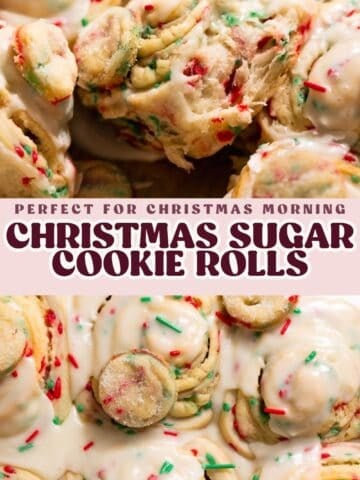 Christmas sugar cookie rolls topped with creamy vanilla icing, filled with sugar cookie dough, and decorated with red and green sprinkles.