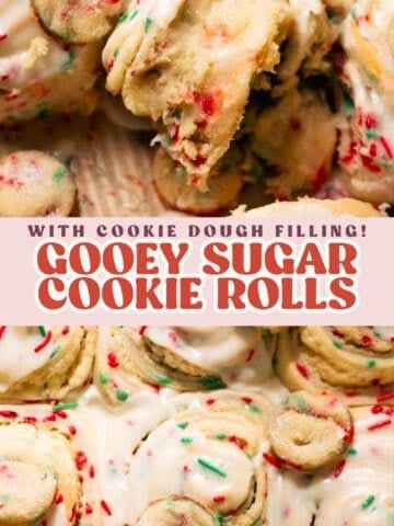 Gooey sugar cookie rolls filled with sugar cookie dough and topped with vanilla icing and colorful Christmas sprinkles.