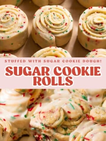 Gooey sugar cookie rolls filled with sugar cookie dough and topped with vanilla icing and colorful Christmas sprinkles.