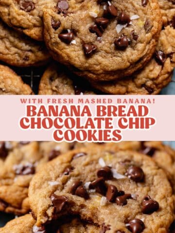 Banana bread chocolate chip cookie pinterest pin with text overlay.