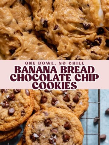 Banana bread chocolate chip cookie pinterest pin with text overlay.