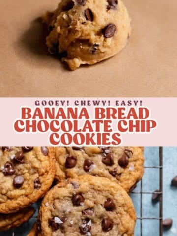 Banana bread chocolate chip cookie pinterest pin with text overlay.