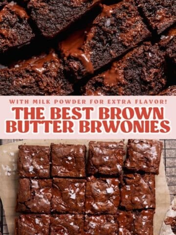 Brown butter brownies pinterest pin with text overlay.