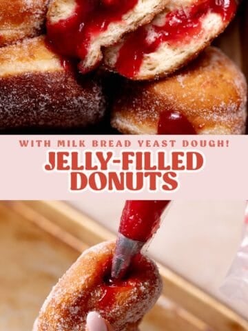 Raspberry jelly filled donuts pinterest pin with text overlay.