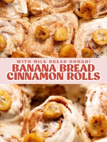 Banana bread cinnamon rolls pinterest pin with text overlay.