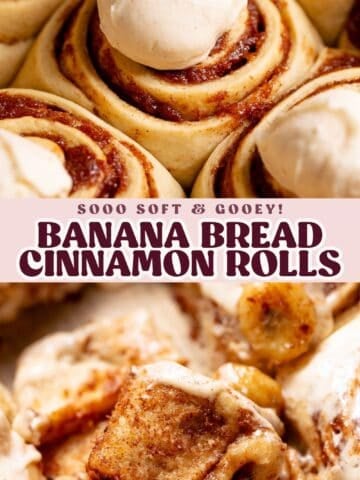 Banana bread cinnamon rolls pinterest pin with text overlay.