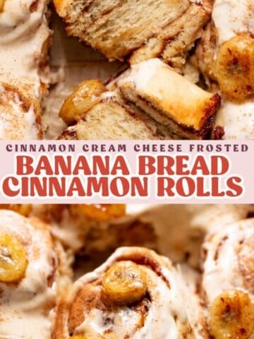 Banana bread cinnamon rolls pinterest pin with text overlay.