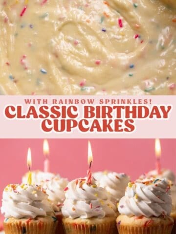 Birthday cupcake pinterest pin graphic with text overlay.