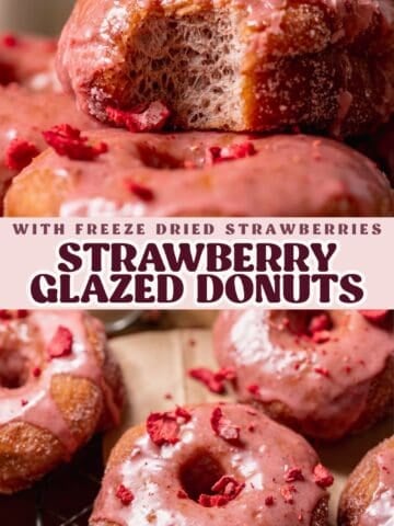 Strawberry-glazed donuts pinterest pin with text overlay.