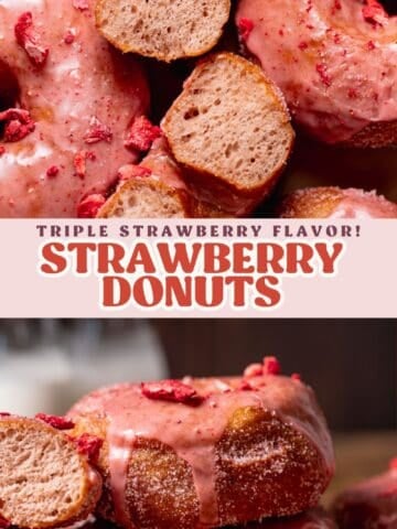 Strawberry-glazed donuts pinterest pin with text overlay.