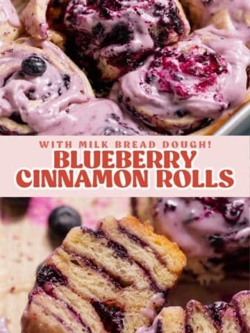 Blueberry cinnamon roll pinterest pin with text overlay.