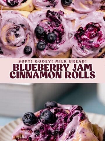 Blueberry cinnamon roll pinterest pin with text overlay.