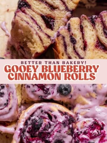 Blueberry cinnamon roll pinterest pin with text overlay.