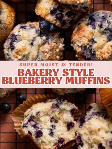 Bakery style blueberry muffin pinterest pin with text overlay.
