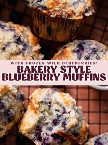 Bakery style blueberry muffin pinterest pin with text overlay.