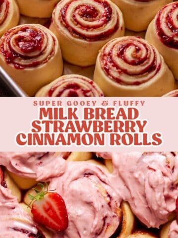 Strawberry milk bread rolls pinterest pin with text overlay.